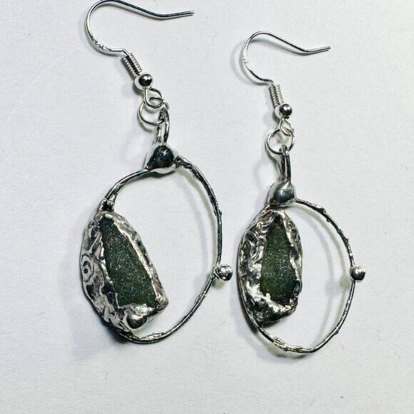 Natural Moldavite & Sterling 925 Boho Metalwork Earrings - Picture 10 of 17